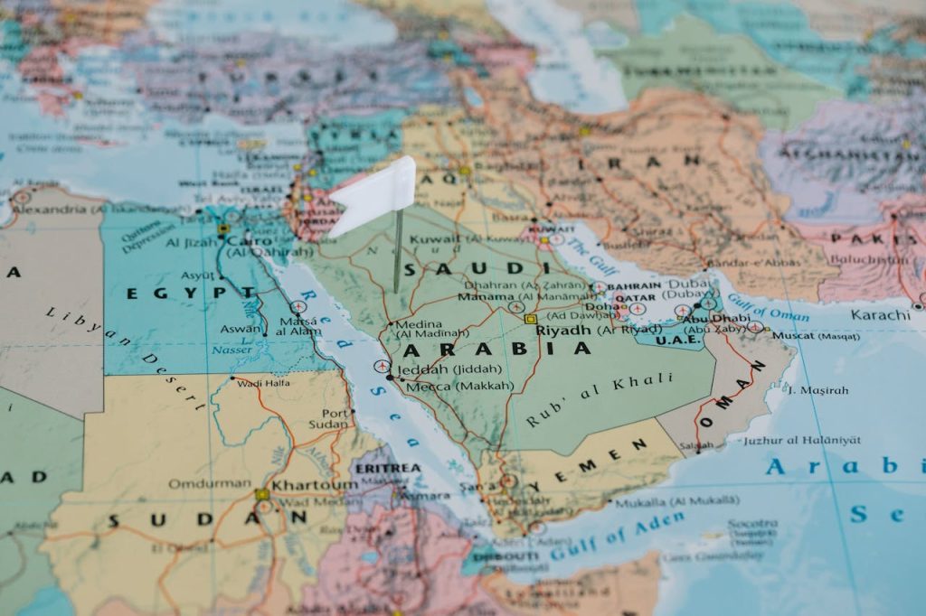 pexels-photo-8828320 Detailed close-up image of a map focusing on Middle East and North Africa.